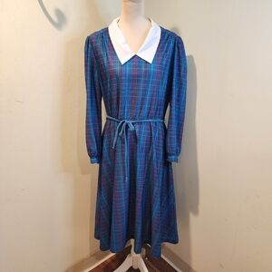 STUDIO 36 Blue Plaid Long Sleeve Vintage  Dress with White Collar Size 18 FITS L
